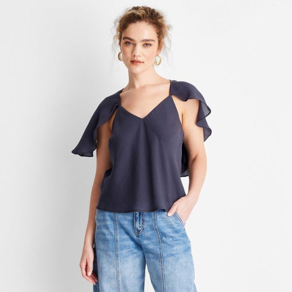 Women's Short Sleeve Cape Blouse - Navy Blue M V-Neck Chiffon